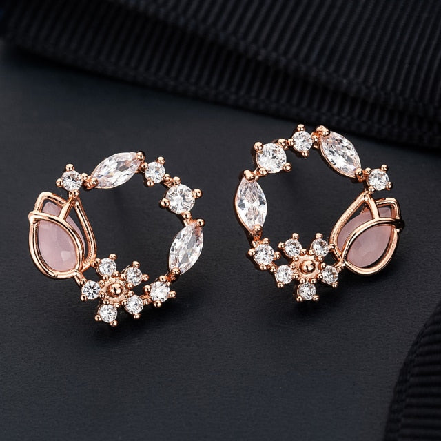 Classic Round Pink Green Crystal Earrings