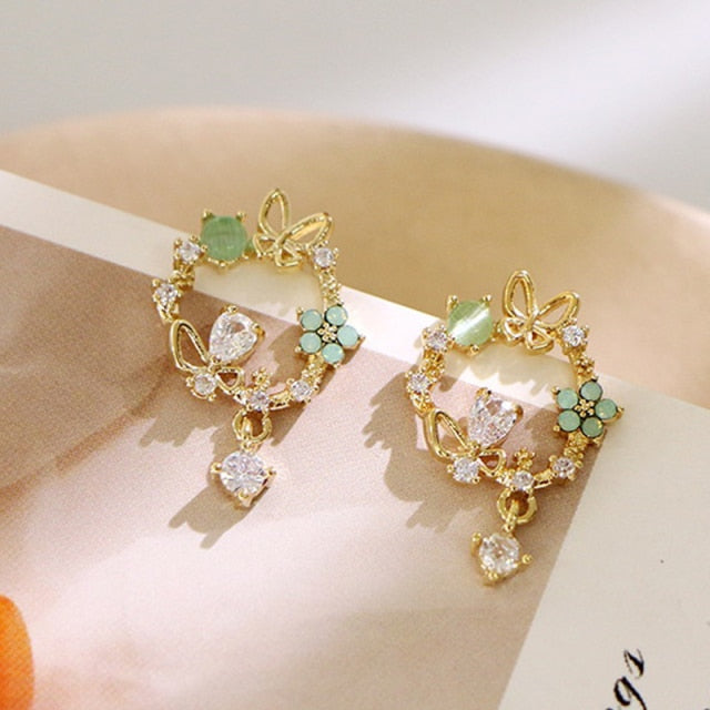 Classic Round Pink Green Crystal Earrings