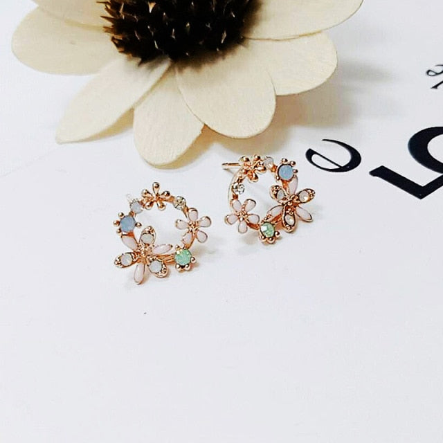 Classic Round Pink Green Crystal Earrings