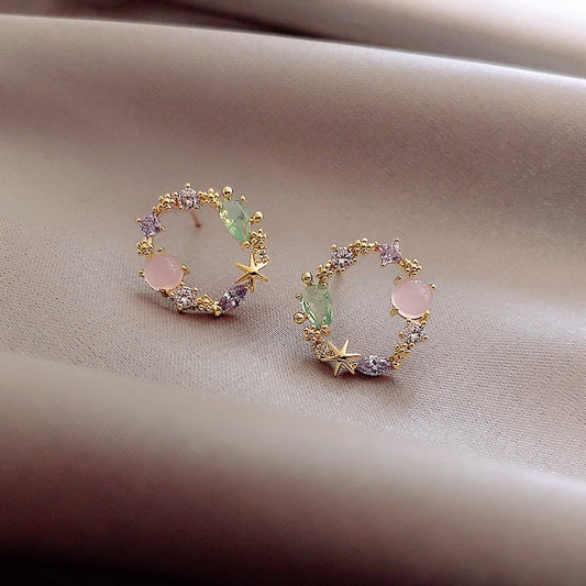 Classic Round Pink Green Crystal Earrings